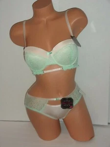 Black Fuchsia bra & bikini panty set cream/mint lace 36B/M - Picture 1 of 4