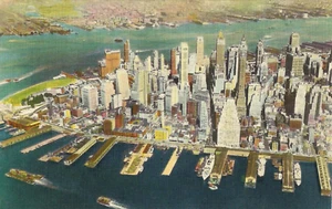 Nueva York, NY PC. 'Muelles y rascacielos East River de Manhattan.' Nueva York. Lino. UNP. - Imagen 1 de 2
