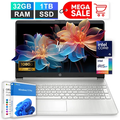 HP Laptop Computer 15.6" Office 2024 FHD 11th Gen Intel i5 32GB RAM &1TB SSD Pro - Image 1 of 4