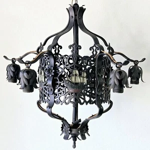 Antique 1910s-20s AMPCO Mayflower Polychrome Cast Iron 5-Arm Chandelier 21" - Picture 1 of 24