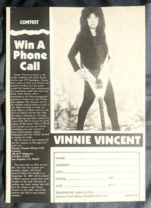VINNIE VINCENT INVASION / WIN A PHONE CALL MAGAZINE FULL PAGE PINUP CLIPPING - Picture 1 of 1