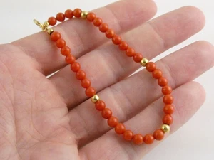 18k Yellow Gold and Red Coral Beaded Bracelet 7 Inch Length 5.4g 4.63mm Beads - Picture 1 of 18