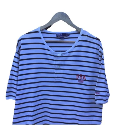 Polo Ralph Lauren USA Flag Striped Henley Shirt Men’s XXL Navy White Vintage - Изображение 1 из 4