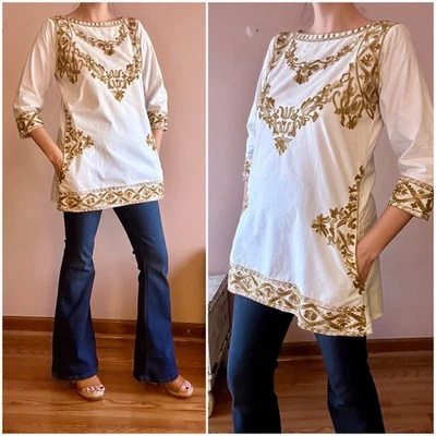 Blusa Top Túnica Top Blusa Boho Hippie Vintage Años 90 Bordada Algodón Blanco S M Foto 1 de 4