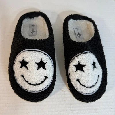 Small Black Fuzzy Slippers Smiley Face Star Eyes Cozy House Shoes Women - Image 1 of 4
