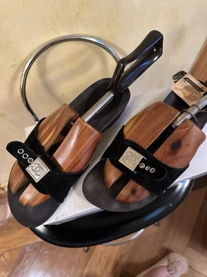 CHANEL INTERLOCKING CC LOGO SUEDE SLIDE WOOD CLOG MULE SANDALS BLACK SIZE 39 - Image 1 of 4