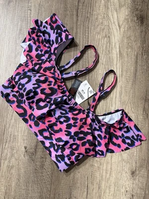 Yours Bikini Top Neon Pink Lila Leo-Muster Rüschen abnehmbare Träger Gr. L - Bild 1 von 4