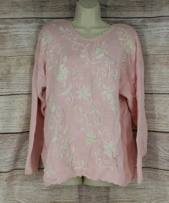 复古 Kathie Lee 女式 XL 码针织毛衣粉色象牙刺绣 — 第 1/4 张图片