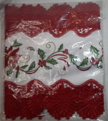 Poinsettia Holly Christmas Table Runner Holiday Embroidery Lace Elegant Cutout  - Image 1 of 4