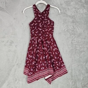 Abercrombie Kids Dress Girls M/12 Red Floral Halter Cross Back Handkerchief Hem - Picture 1 of 7