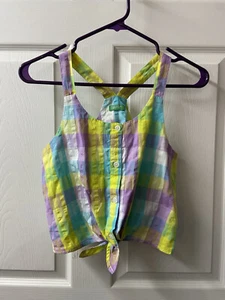 United Colors of Benetton Top Girls XL Purple Green Plaid Tie Front Racerback - Picture 1 of 9