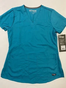 Grey's Anatomy Womens V Neck Teal Shirred Back Scrub Top Size XSmall  NWT - Picture 1 of 2