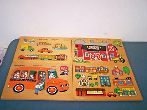 WOODEN BOARD PEG PUZZLE FISHER PRICE LOT VEHICLES SCHOOL BUS COMMUNITY BARN - Picture 1 of 5