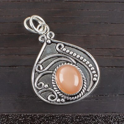 A1 Romantic Unisex Pendant Peach Moonstone Natural Gem 925 Sterling Silver 1.45" - Image 1 of 3