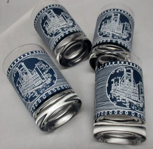 4 CURRIER & IVES juice glasses Royal China 1950s BLUE WHITE - Picture 1 of 5