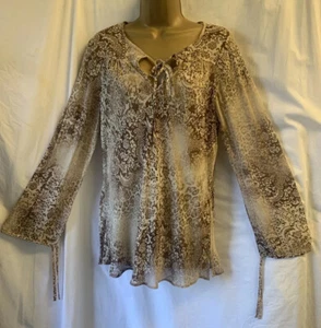 New Look Brown Chiffon 16 14 Mesh Long Sleeved Tie Cuffs Paisley Y2K Summer Top - Picture 1 of 10