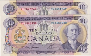 2 Consecutive 1971 $10 Canada Bank Notes Lawson/Bouey V/U Prefix inv#1652 - Picture 1 of 3