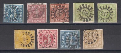 Bavaria Sc 2, 4-6, 6b, 9-12 used 1849-1862 Numerals, 9 diff, millwheel cancels - Image 1 of 2