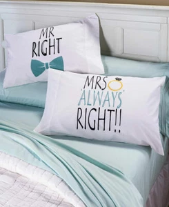 Set of 2 Novelty Cotton Pillowcases Mr. Mrs Right Humorous Funny Pillowcases Set - Picture 1 of 2