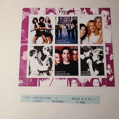 2000 Tadjikistan Souvenir Sheet of 6 Diff. Cast of TV Show "Friends" Stamps MNH - Image 1 of 4