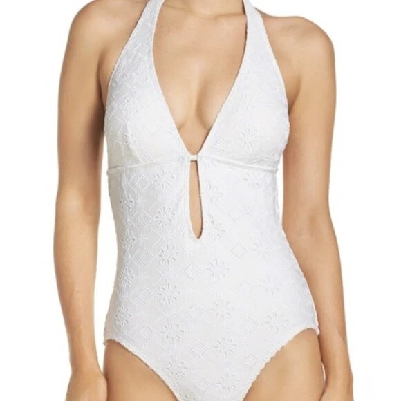 Kate Spade Womens White Eyelet Halter Plunge One-piece Swimsuit S BHFO 7569