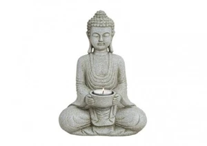 Buddha mit Teelichthalter in grau aus Poly, B18 x T11 x H27 cm Religion Deko - Bild 1 von 4