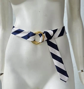 Lauren Ralph Lauren Seidengürtel weiß blau gestreift goldene Doppelschnalle L/XL Damen - Bild 1 von 4