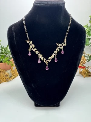 Byrd Design Victorian Revival Brass Necklace Purple Teardrop 17" - Image 1 of 4