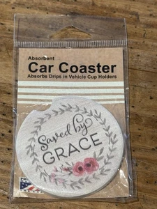 CAR COASTER Absorbs DRIPS in Car Cup Holders “SAVED BY GRACE” Floral STONEWARE - Picture 1 of 3