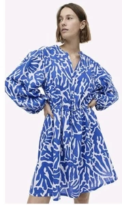 Linen Cotton Dress Sz L H&M Womens Blue & White Summer Breathable - Picture 1 of 9