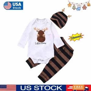 3PCS Set Newborn Baby Girl Boy Tops Romper +Long Pants Hat Outfits Clothes 0-12M - Picture 1 of 9