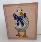VTG Completed Mother Goose Duck Blue Bow Cross Stitch Finished 13”x11” Framed