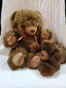 16" VINTAGE 1984 COMMONWEALTH LUSH PLUSH 2 TONE BROWN TEDDY BEAR W RIBBON & BEAR - Picture 1 of 10