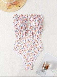 SHEIN Swim strapless swimsuit Sz 4x white ribbed keyhole floral ditsy bandeau - Picture 1 of 13