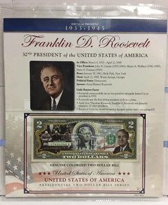$2 Colorized Commemorative ~ Presidential Two Dollar Bill Series Roosevelt     - Picture 1 of 3