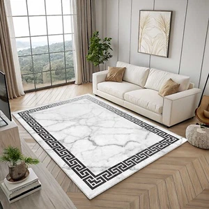 White Marble Area Rug, Black Greek Key Border, Greek Style, Modern Non-Slip Rug - Picture 1 of 4