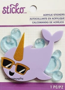 Narwhal STICKO 3-D ACRYLIC GLITTER STICKER Narwhal Bubbles Sunglasses - Picture 1 of 3