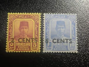 Sello MALAYA Trengganu 1941 Sc#45-46 Sultan Badaru'l-alam Surch MNH XF - Imagen 1 de 1