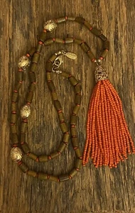 The Loft Orange Tassel Glass & Wood Bead Necklace Gold Tone 30” - Picture 1 of 5