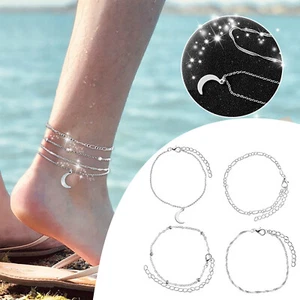 Moon Pendant Multi Set Anklet Silver Bracelet Beach Beauty Valentine's Day Hook - Picture 1 of 9