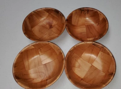 Vintage 1970s Parquet Woven Wood Bamboo Salad Bowls 6"  Set of 4 Stackable - Image 1 of 3