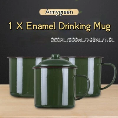Armygreen Enamel Mug Vintage Travel Camping Tea Cup with Lid Drinkware - Image 1 of 4