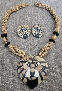 Lee Sands? Inlaid Shell Stone MOP Iconic Lion Face Chunky Necklace & Earring Set - Picture 1 of 16