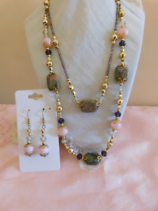 Avon Crystal Agate Beaded Necklace, Earrings Set