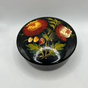 Original VTG Lacquer Ware 1965 Wood Round PAINTED FLORAL STASH Trinket BOX - Picture 1 of 10