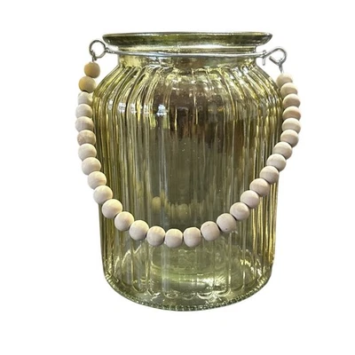 Yellow Glass Jar Candle Holder With Wood Beaded Handle Hanging Whimsical 6” - Image 1 of 4