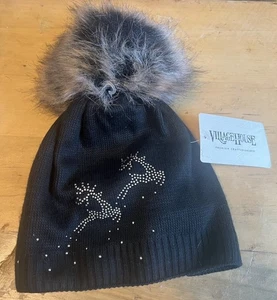 Village House Black Knit Hat Reindeer Bling Beanie Pom Pom Made In Poland OSFM - Picture 1 of 4