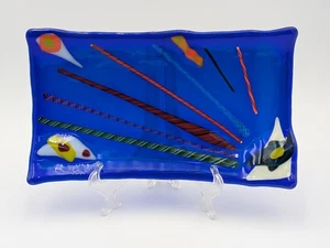 Bandeja de placa de cuerdas retorcidas de vidrio artístico fundido vintage bordes curvos azul estilo Murano - Imagen 1 de 14