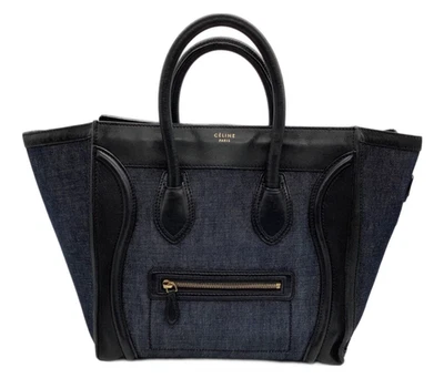 CELINE Luggage Mini Tote Bag Denim & Leather Black Indigo Used Made in Italy - Image 1 of 4