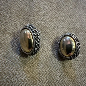 Vintage Premier USA Silver and Gold Tone Oval Clip On Earrings - Picture 1 of 8